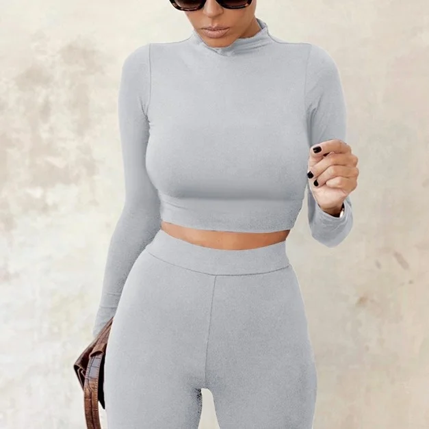 Winter Fall Lounge Wear Tracksuit Crop Top Legging Sexy Outfits Two Piece Long Sleeve Sets For Women - Image 4