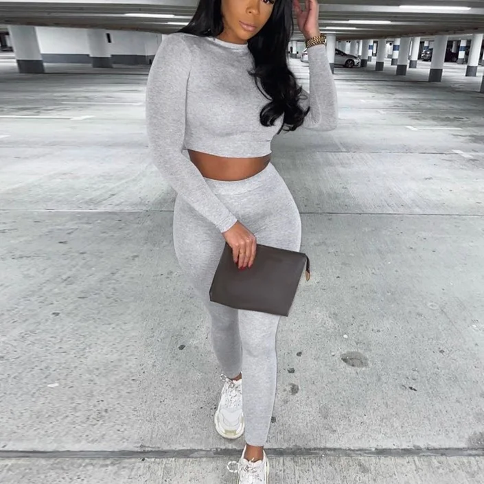 Winter Fall Lounge Wear Tracksuit Crop Top Legging Sexy Outfits Two Piece Long Sleeve Sets For Women - Image 3